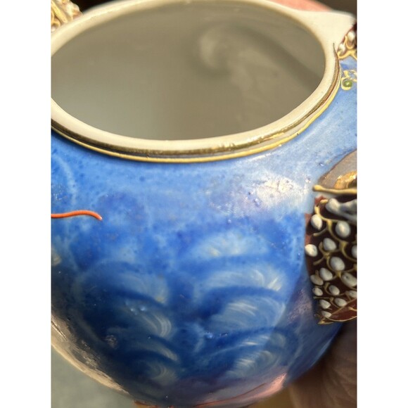 Vintage Hand Painted Kutani  Dragonware Moriage Japanese Teapot Blue Gold 7.5" - Picture 14 of 16